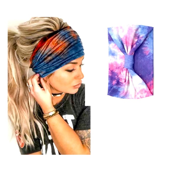 Boho Wide Knotted Headband/Hair Scarf (Pink & Purple Tie-Dye) Stretchy - Picture 1 of 2